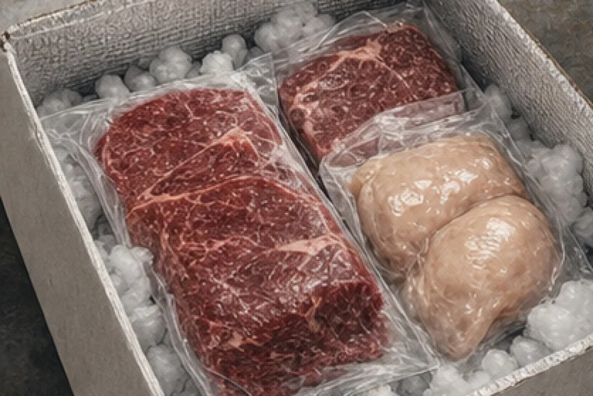 Illustrated insulated meat delivery box with sealed steaks and chicken packs