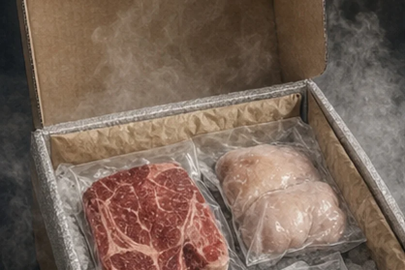 Illustrated assortment of vacuum-packed steaks and chops in an open delivery box