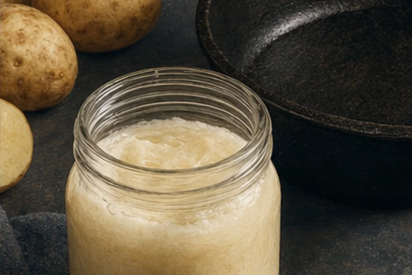 Illustrated glass jar of pale beef tallow beside potatoes and a cast iron pan